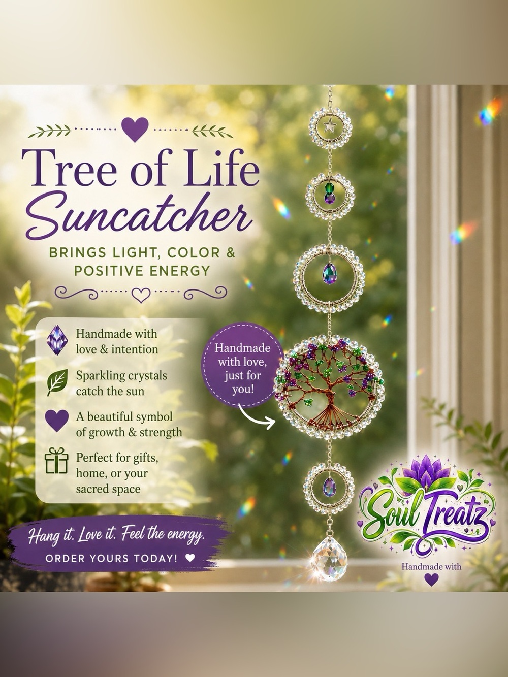 Purple & Green Tree of Life Suncatcher - Crystal Hanging Decor